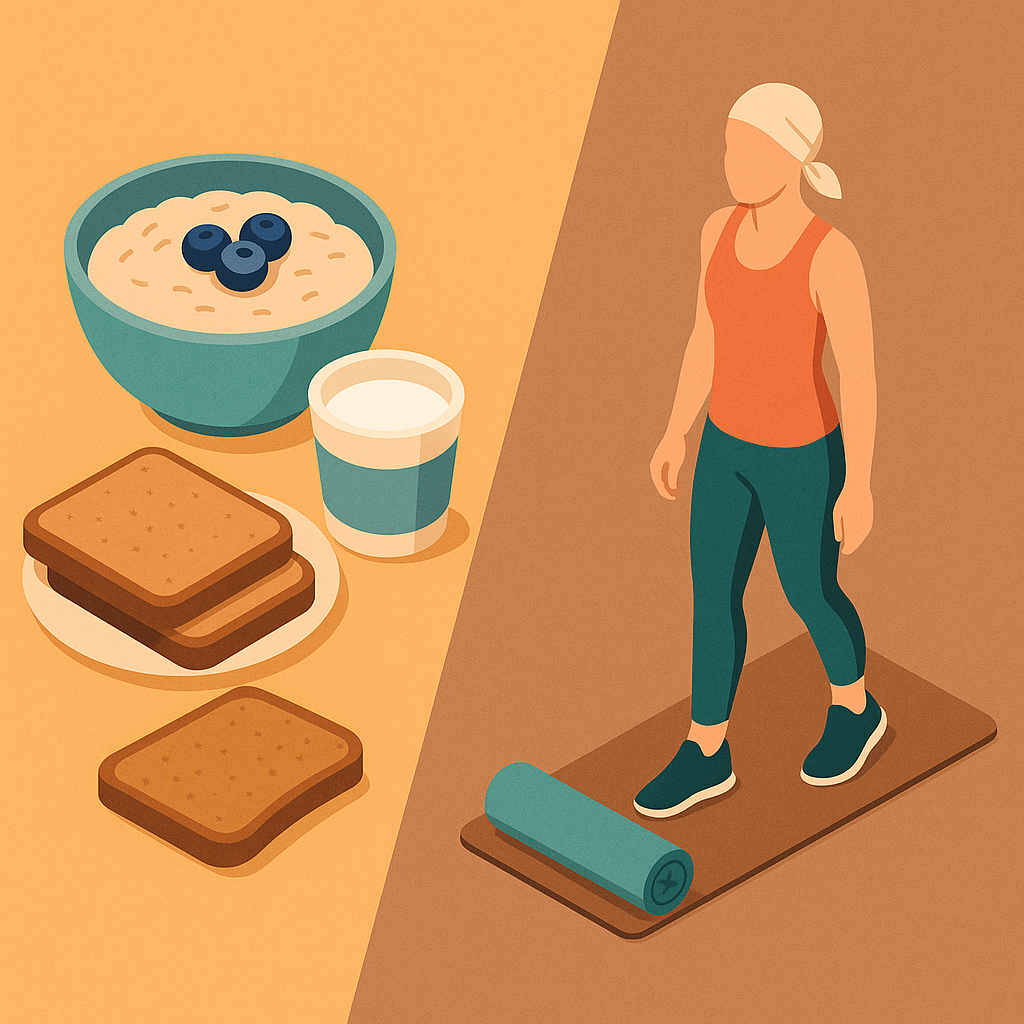 Alimentos recomendados antes del ejercicio junto a figura preparándose para entrenar