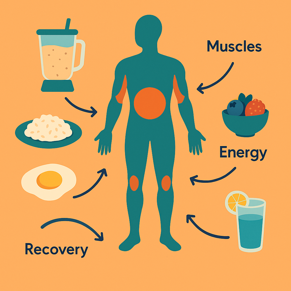 Alimentos post-ejercicio conectados a cuerpo humano en recuperación muscular