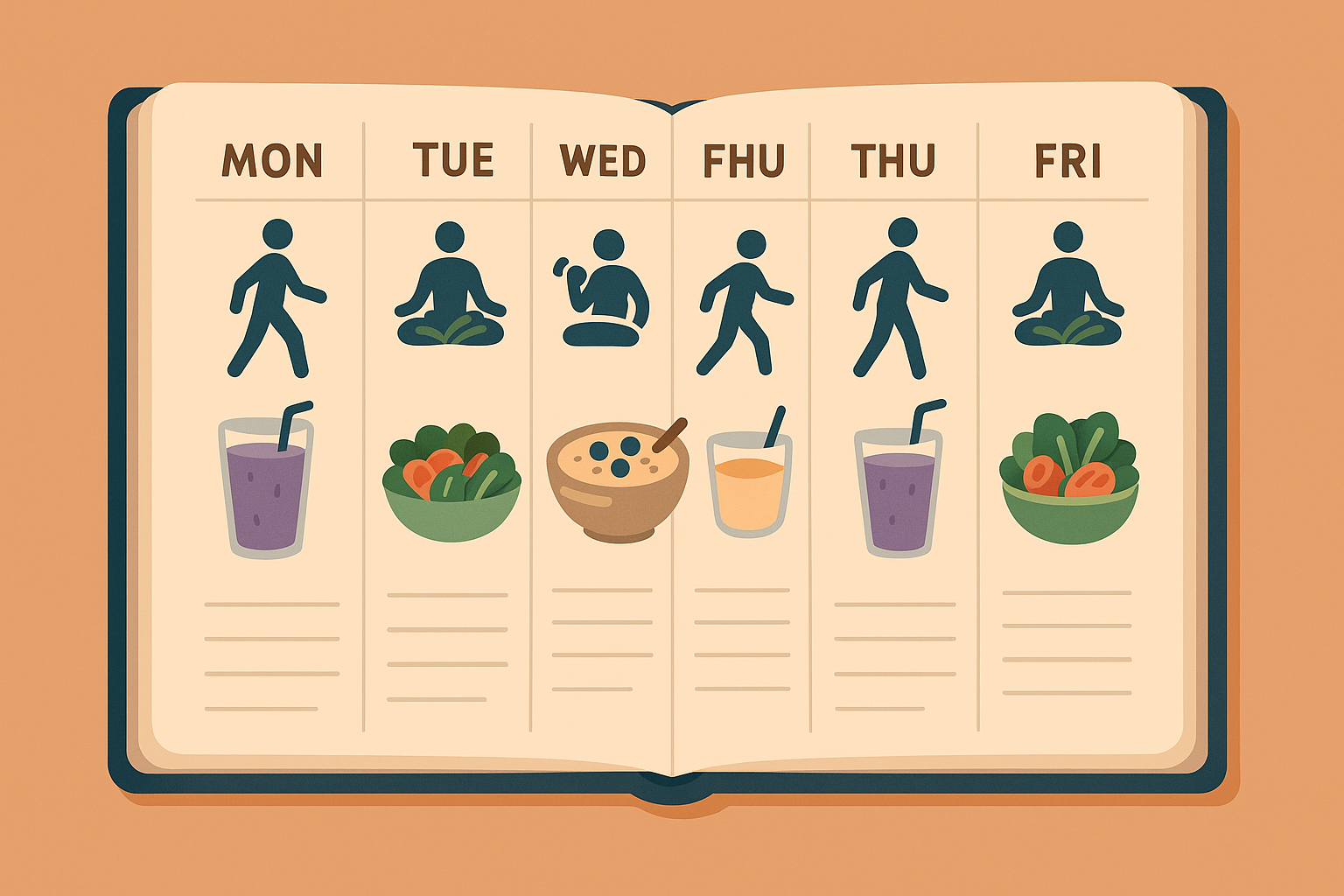 Agenda semanal con actividades físicas y comidas saludables correspondientes