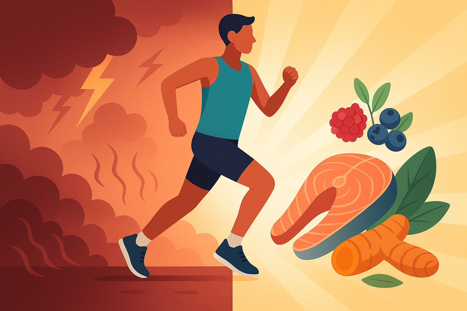 Atleta corriendo entre un entorno inflamado y otro lleno de alimentos antiinflamatorios.