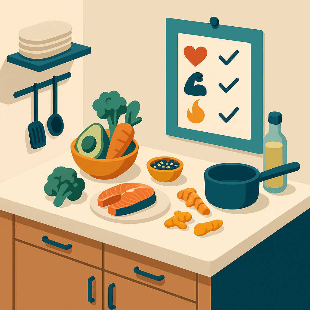 Cocina saludable con alimentos antiinflamatorios clave y checklist visual en la pared.