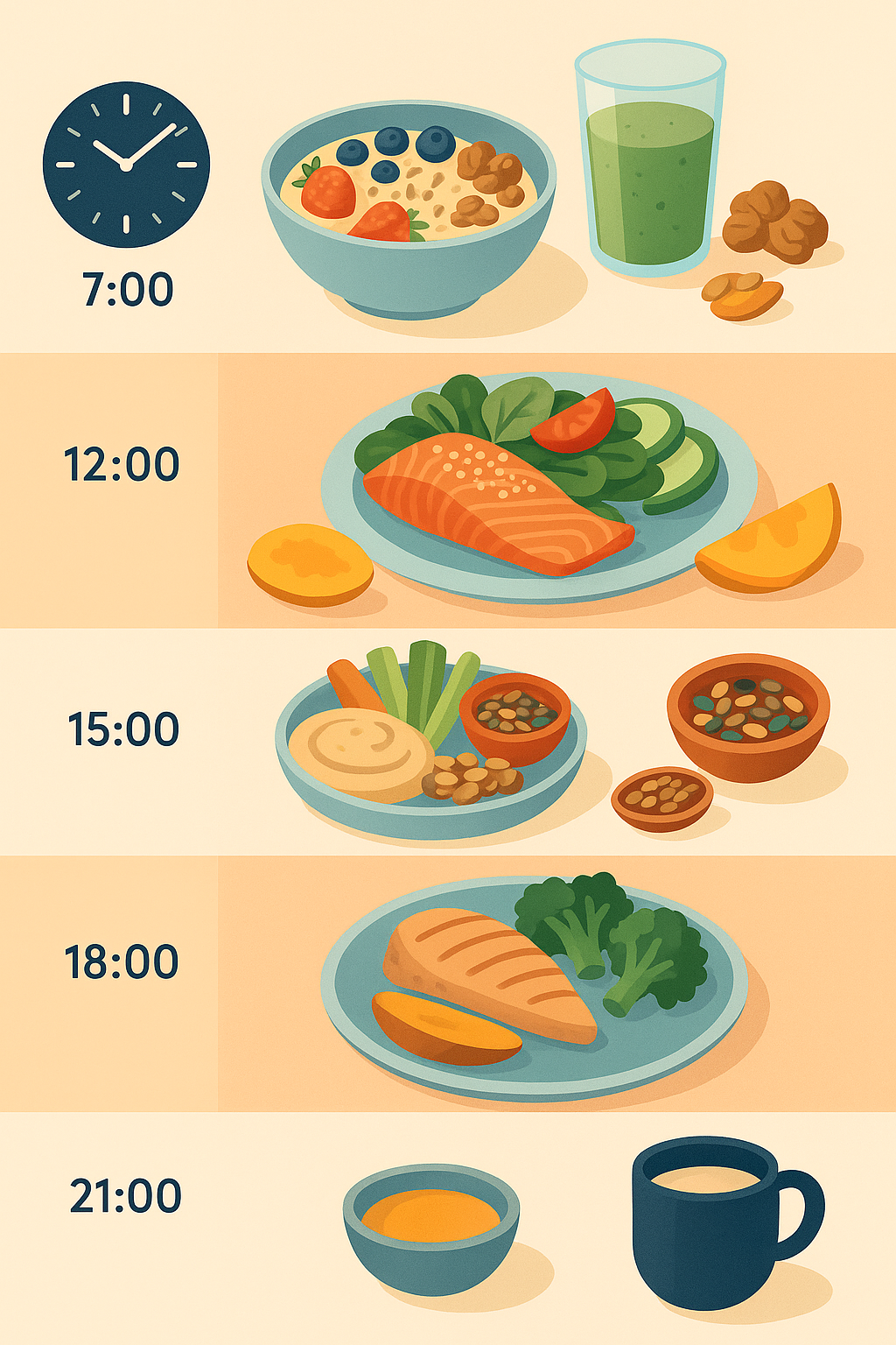 Día estructurado con cinco momentos clave y comidas antiinflamatorias asociadas.