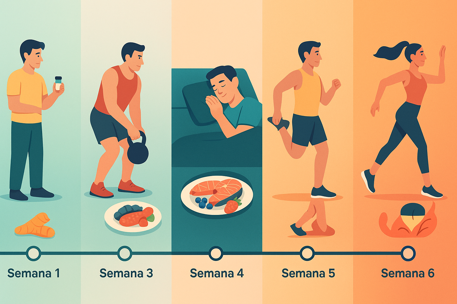 Línea de tiempo de 6 semanas mostrando progresos físicos y de recuperación con dieta antiinflamatoria.