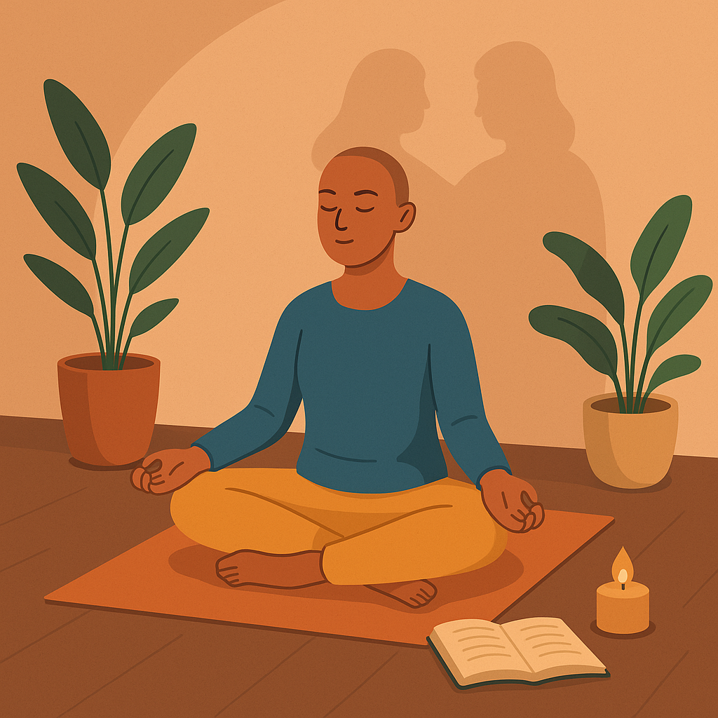 Persona meditando en ambiente cálido con diario, plantas y símbolos de paz emocional.