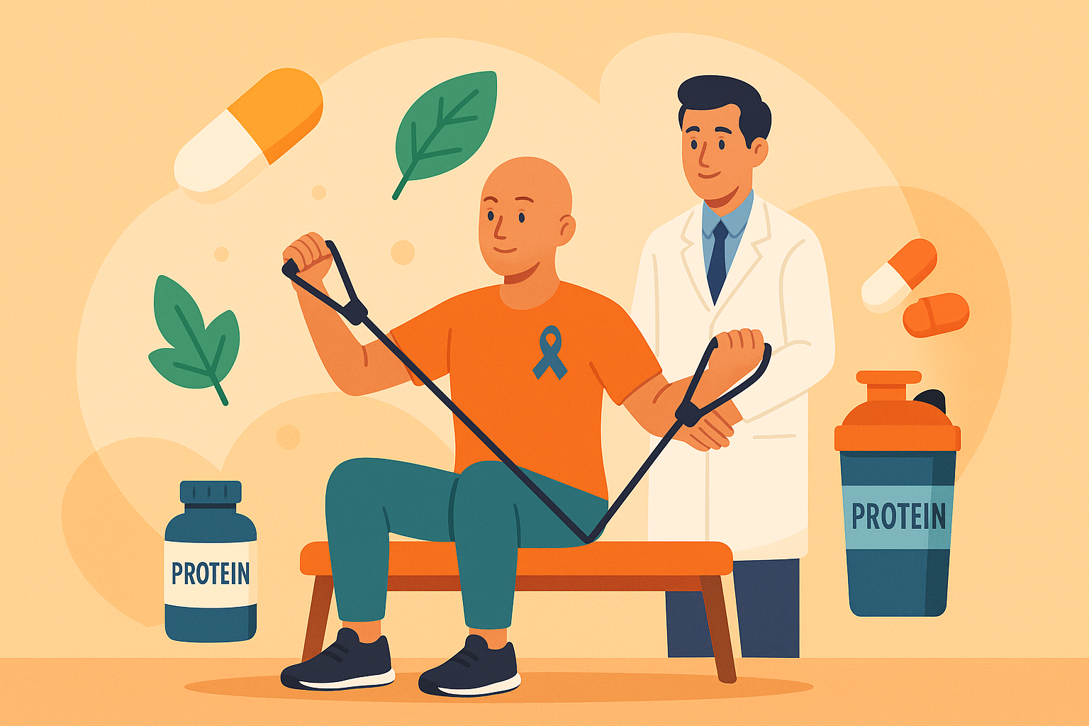 Paciente con cáncer haciendo ejercicio suave, rodeado de suplementos y supervisión profesional.