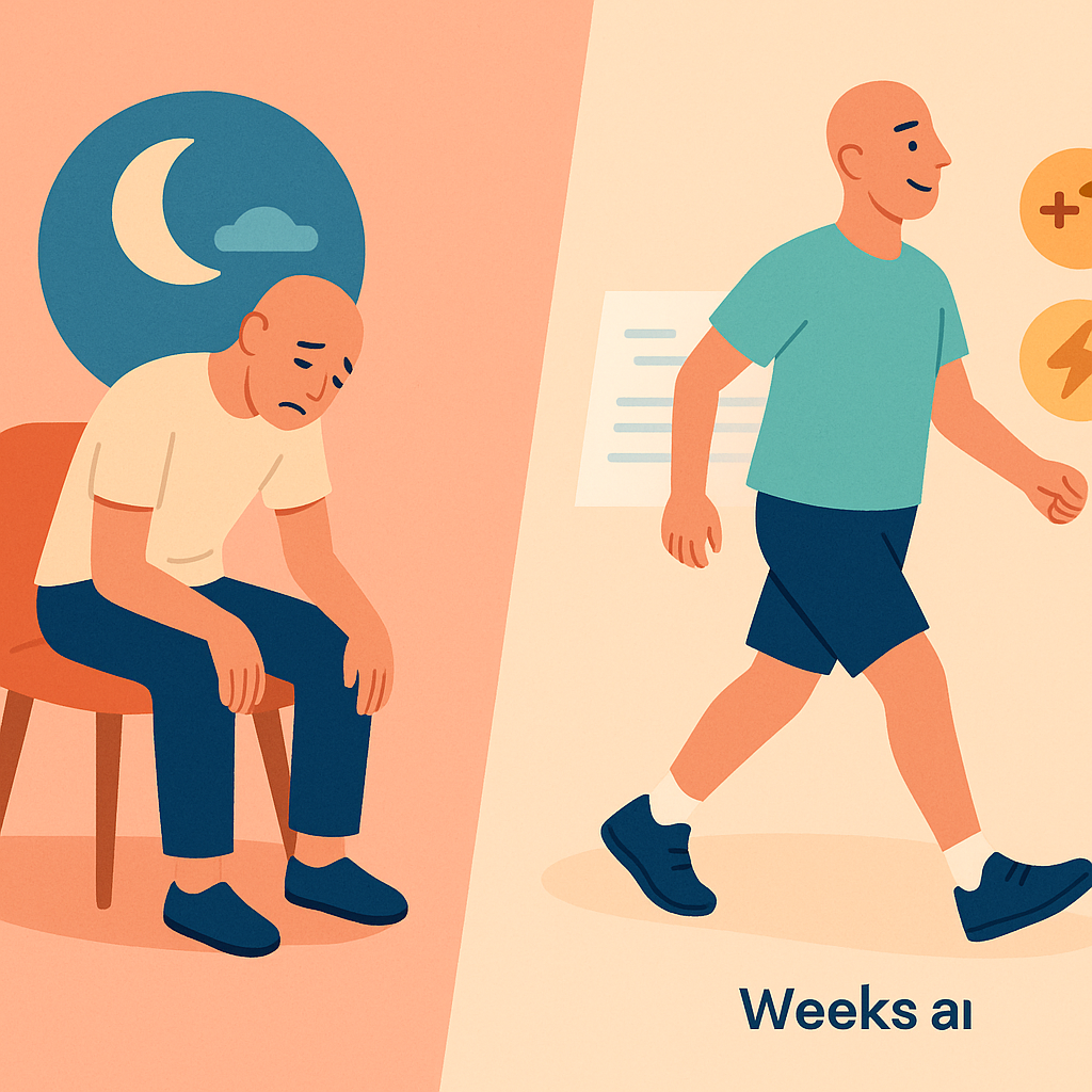 Comparativa visual de un paciente antes y después de seguir rutina con ejercicio y suplementos.