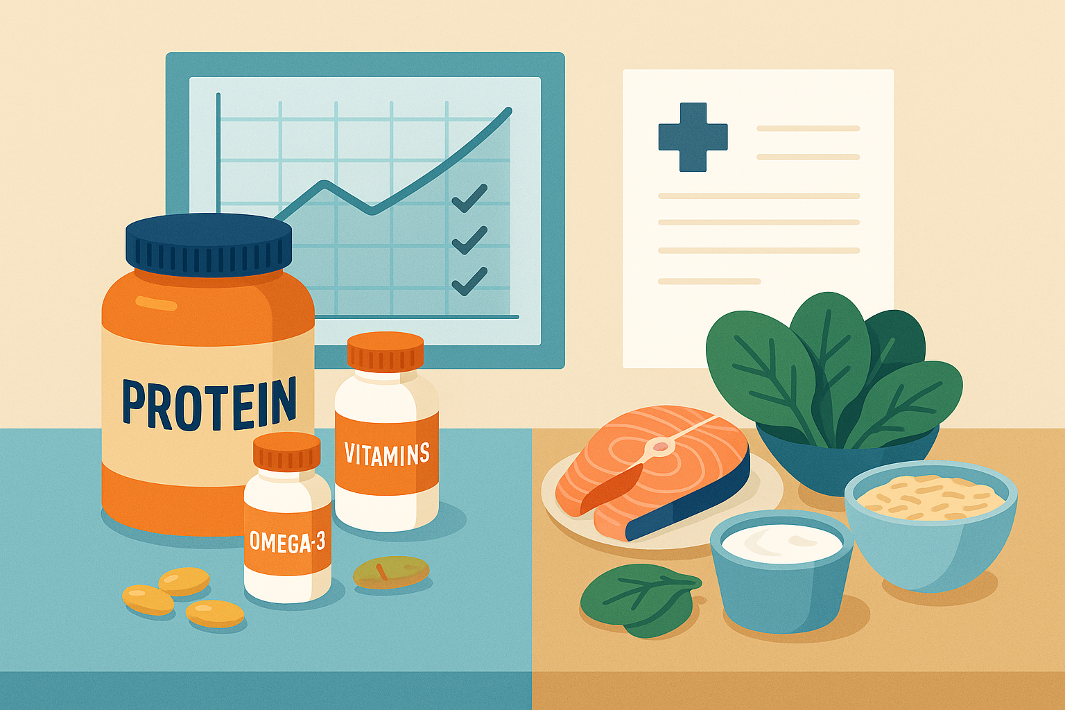 Mesa con suplementos, alimentos reales y análisis médicos que guían su uso.