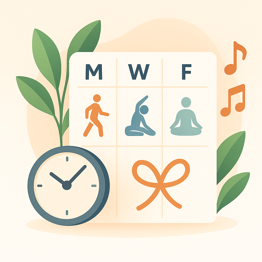 Calendario de ejercicios suaves rodeado de elementos que inspiran calma y continuidad.


