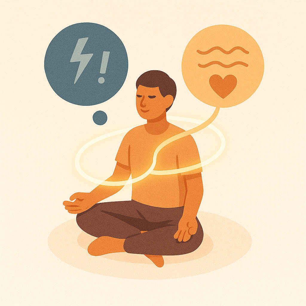 Persona meditando unida a dos esferas: mente agitada y cuerpo en calma conectados por compasión.