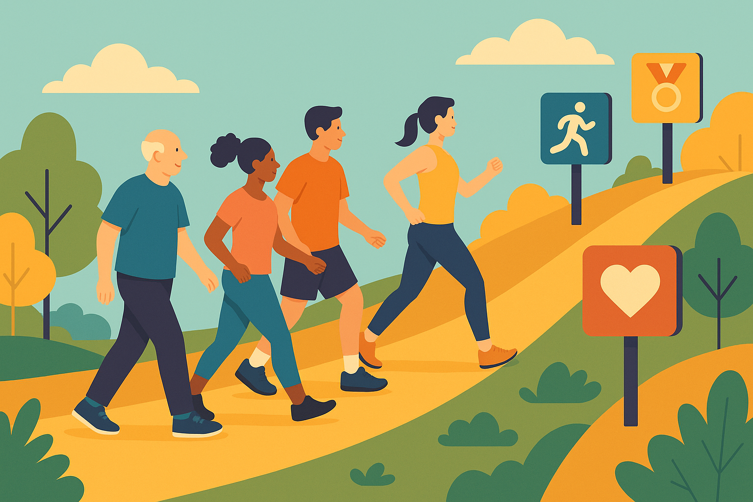 Personas diversas caminando por un sendero con señales que representan progreso, autocuidado y logros.