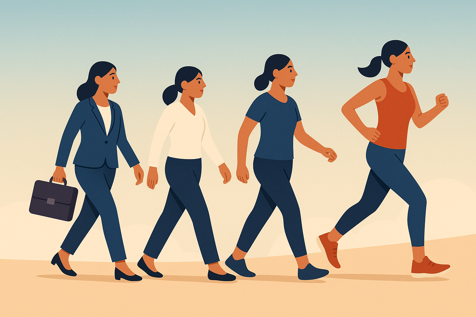 Mujer evolucionando desde rutina sedentaria hasta completar una carrera de 5 km.
