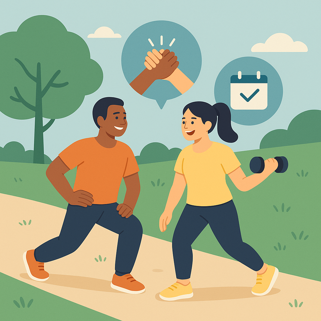 Personas entrenando en grupo al aire libre con símbolos de amistad, motivación y compromiso compartido.
