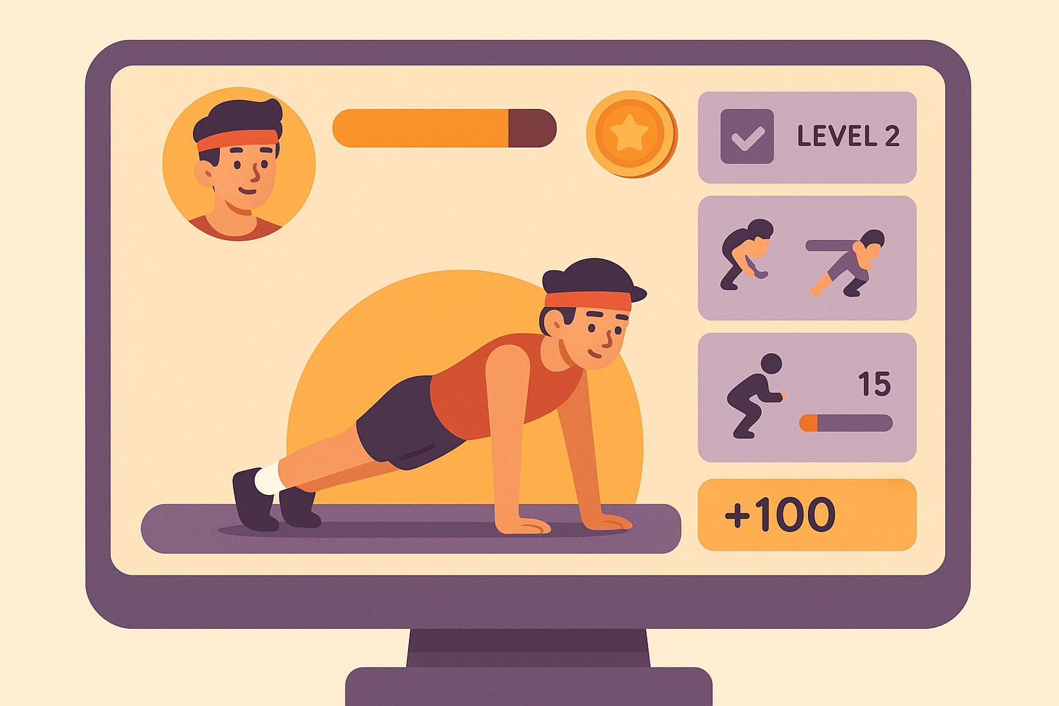 Pantalla tipo videojuego donde un avatar completa retos físicos y gana puntos por entrenar.