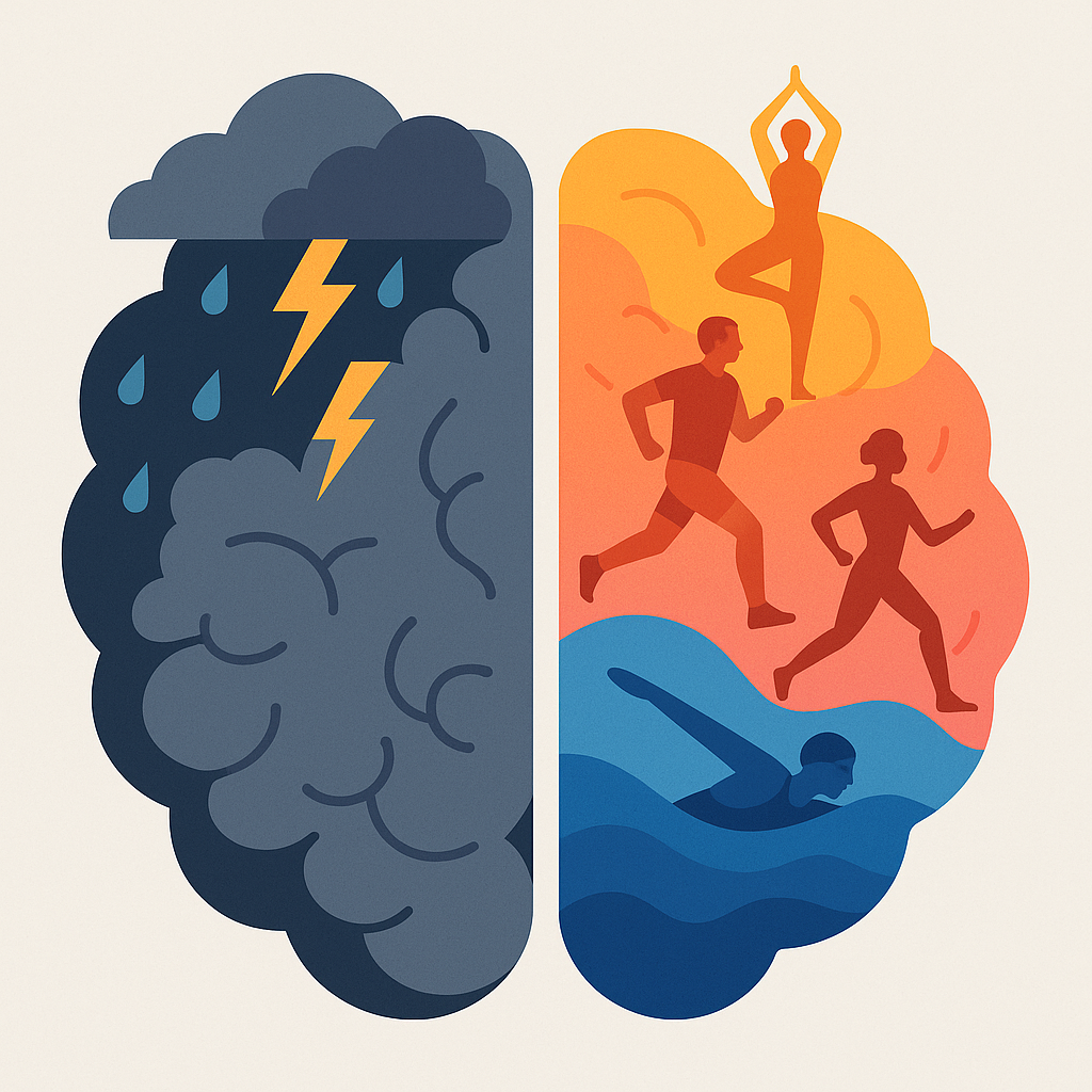 Cerebro dividido entre ansiedad gris y energía positiva con figuras haciendo deporte.