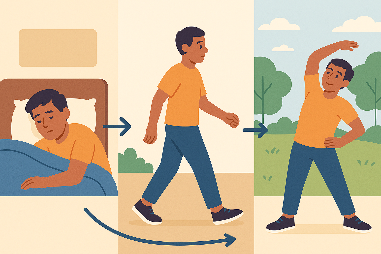 Evolución de una persona desde el letargo hasta la actividad física al aire libre.